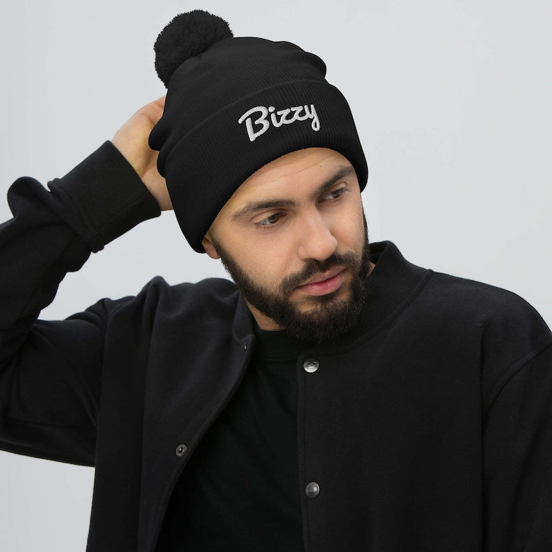 Bizzy Brand Pom-Pom Beanie - Black and white fashion logo hat