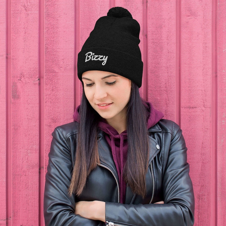 Bizzy Brand Pom-Pom Beanie - Black and white fashion logo hat