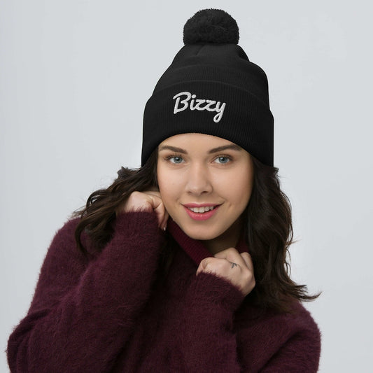 Bizzy Brand Pom-Pom Beanie - Black and white fashion logo hat