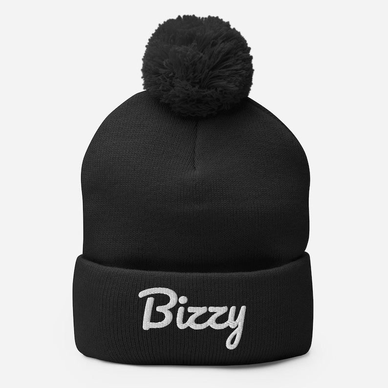 Bizzy Brand Pom-Pom Beanie - Black and white fashion logo hat