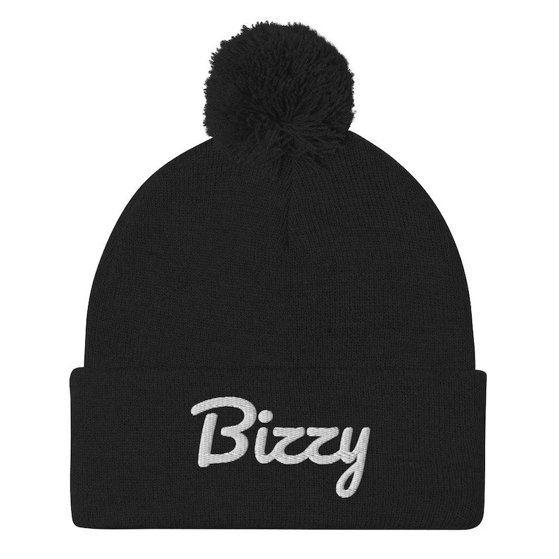 Bizzy Brand Pom-Pom Beanie - Black and white fashion logo hat